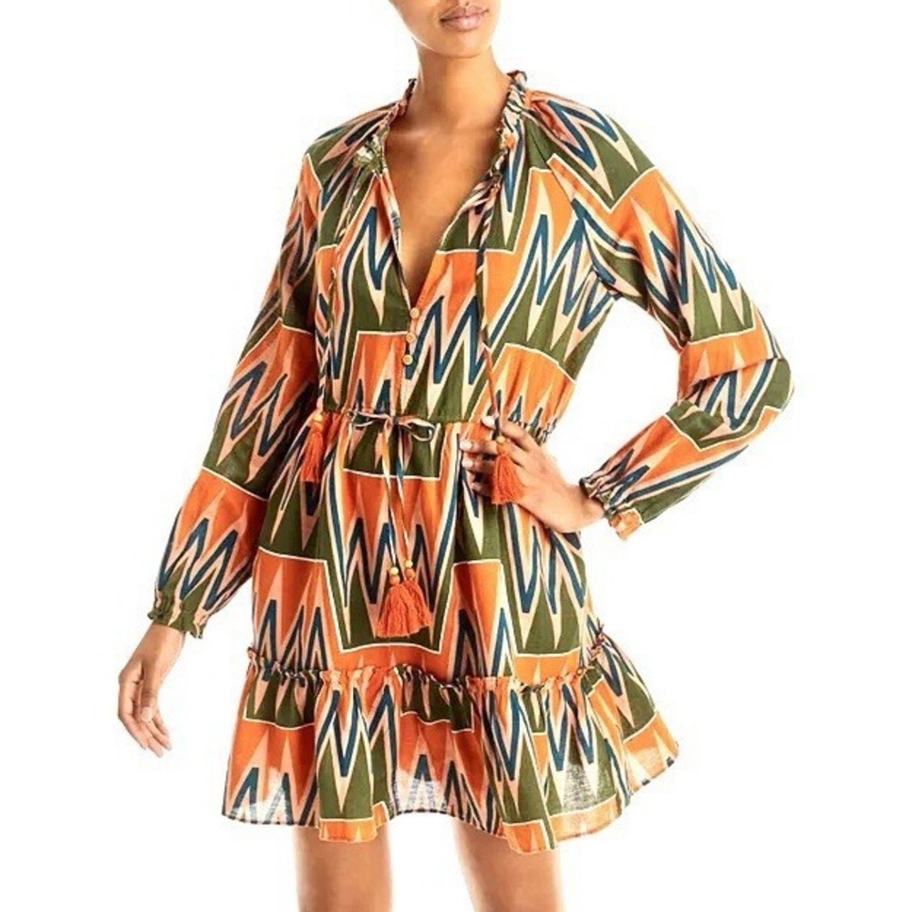 VERONICA BEARD Danica Printed Mini Dress Linen Blend Tassel Tie Orange Green‎ S